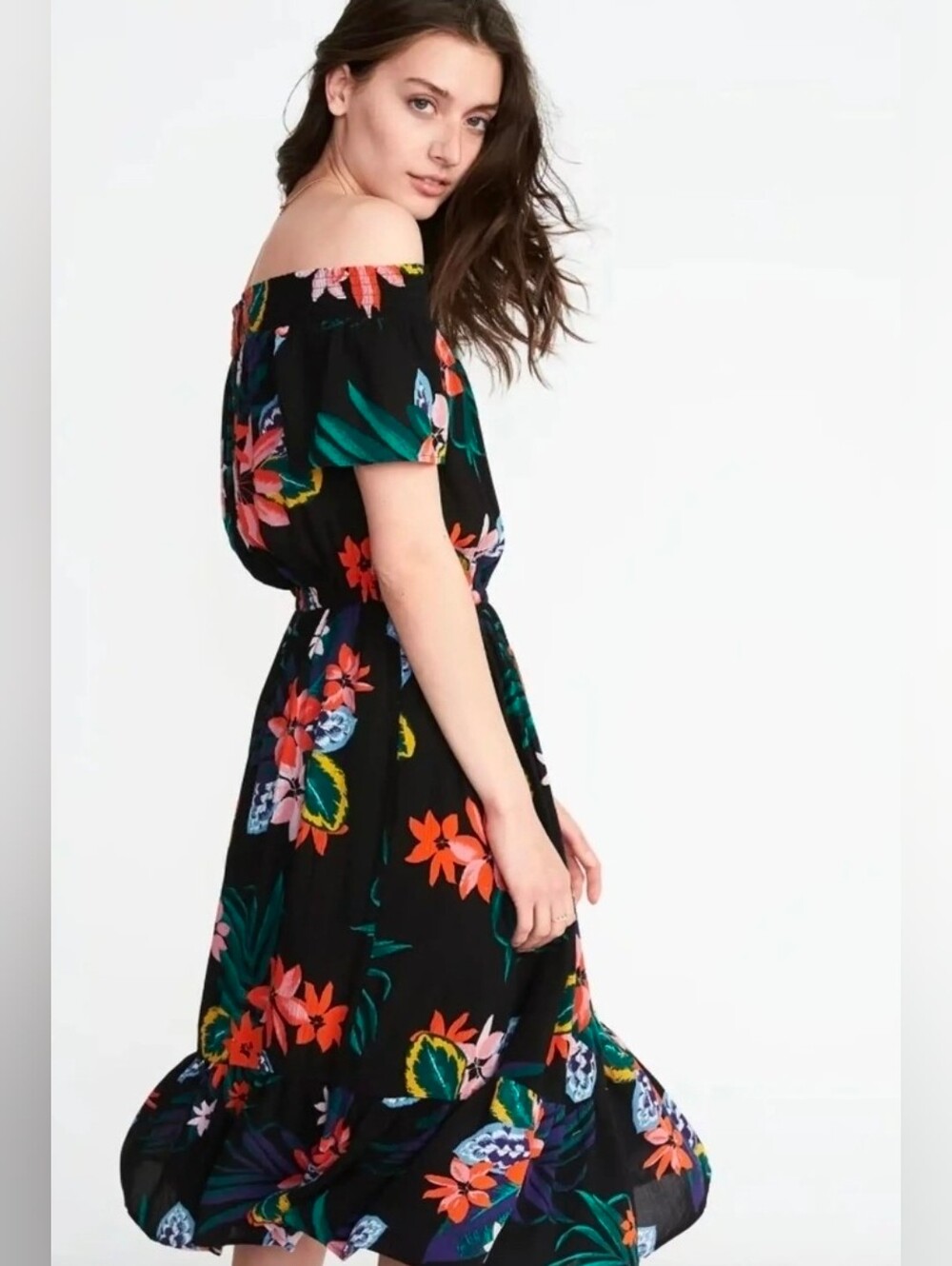 Old Navy Black Floral Midi Dress with Orange, Pink and Green Accents